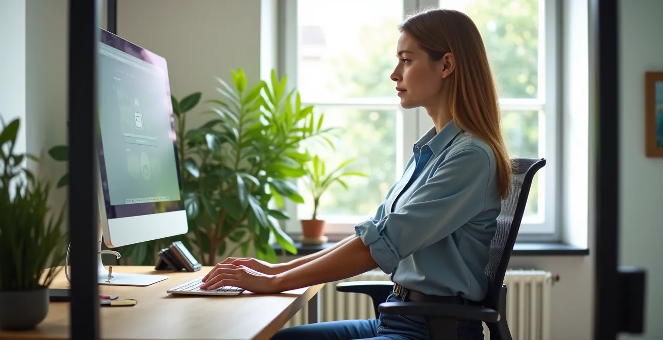 Bureau réglable en hauteur montrant l'alternance entre position assise et debout