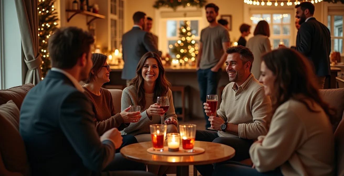 Aménagement d'un salon avec zones assises et espaces debout autour d'un mange-debout, favorisant les interactions.