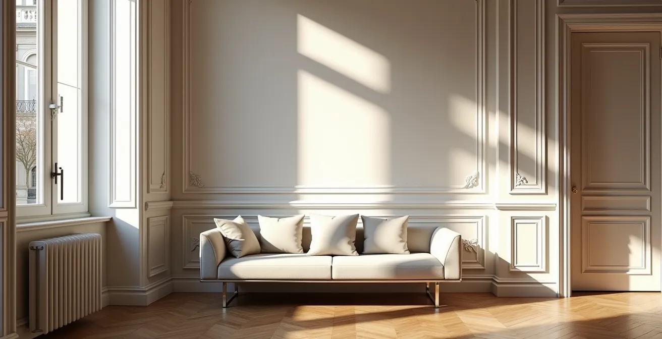 Appartement haussmannien parisien avec décoration contemporaine mettant en valeur les moulures anciennes