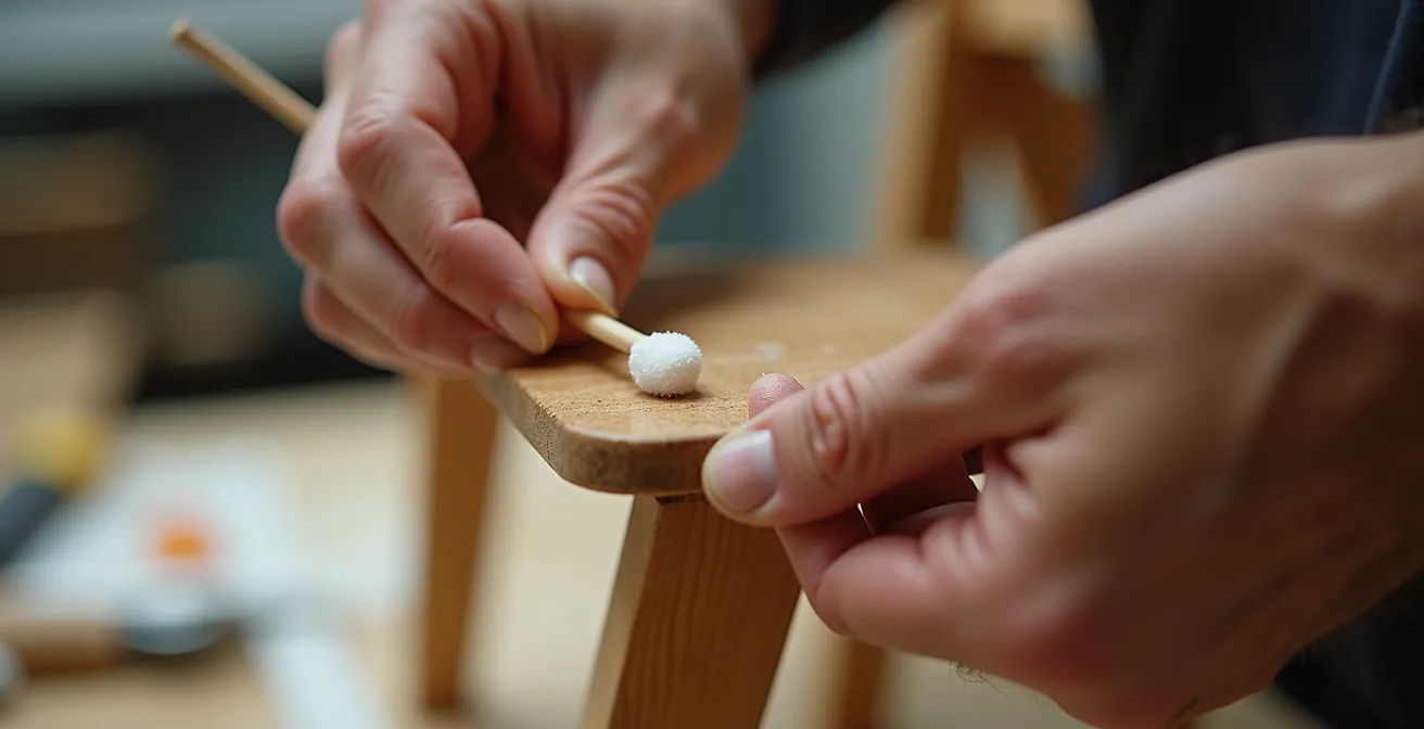 Application minutieuse d'un lubrifiant sur le mécanisme métallique d'une chaise pliante en hêtre