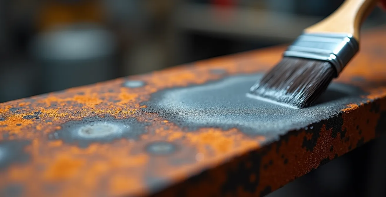 Application professionnelle de vernis mat sur métal oxydé avec conservation de la patine