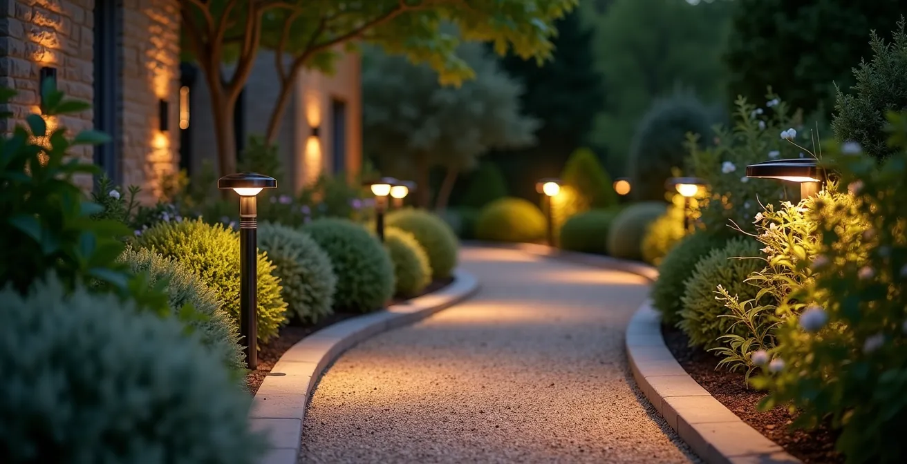 Bornes lumineuses solaires de différentes hauteurs dans un jardin français