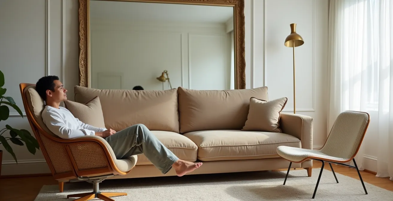 Salon avec canapé imposant équilibré par deux fauteuils légers en rotin et métal filaire