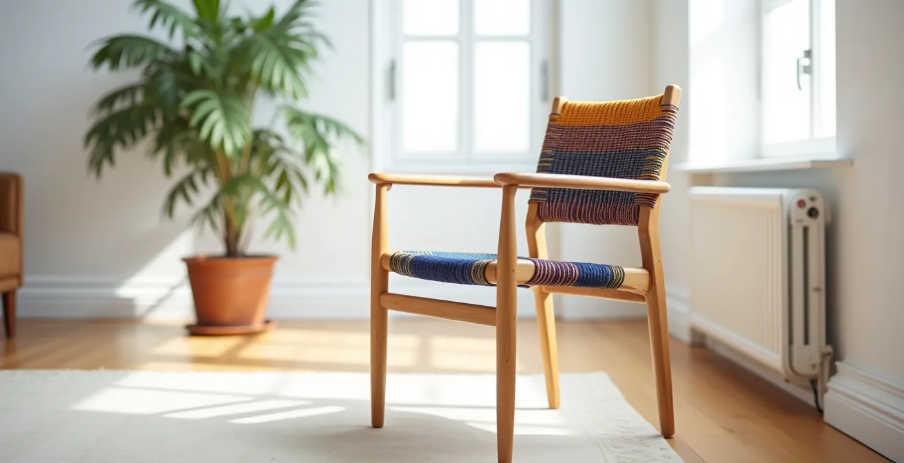 Vue d'ensemble d'une chaise avec assise remplacée par tissage coloré moderne