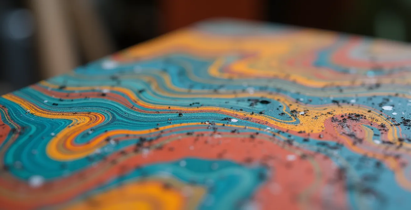 Détail macro d'une chaise design en plastique recyclé montrant les textures et motifs uniques