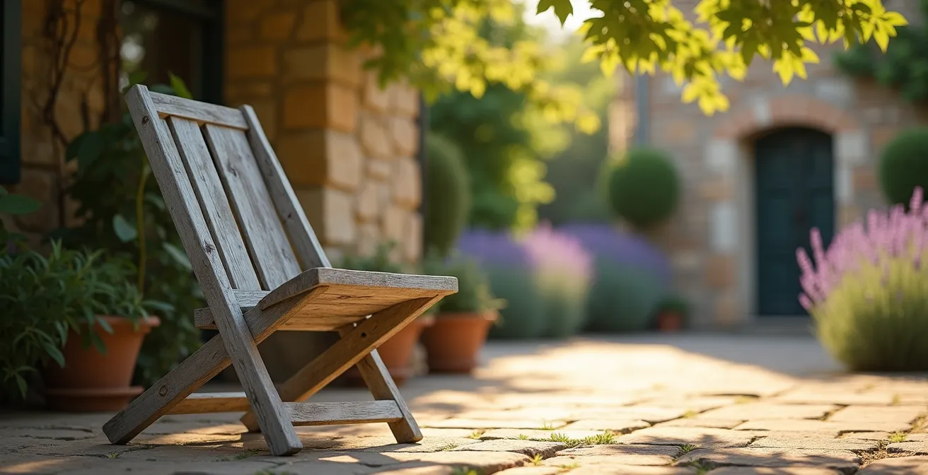 Chaise pliante en bois sur une terrasse française avec vue sur jardin
