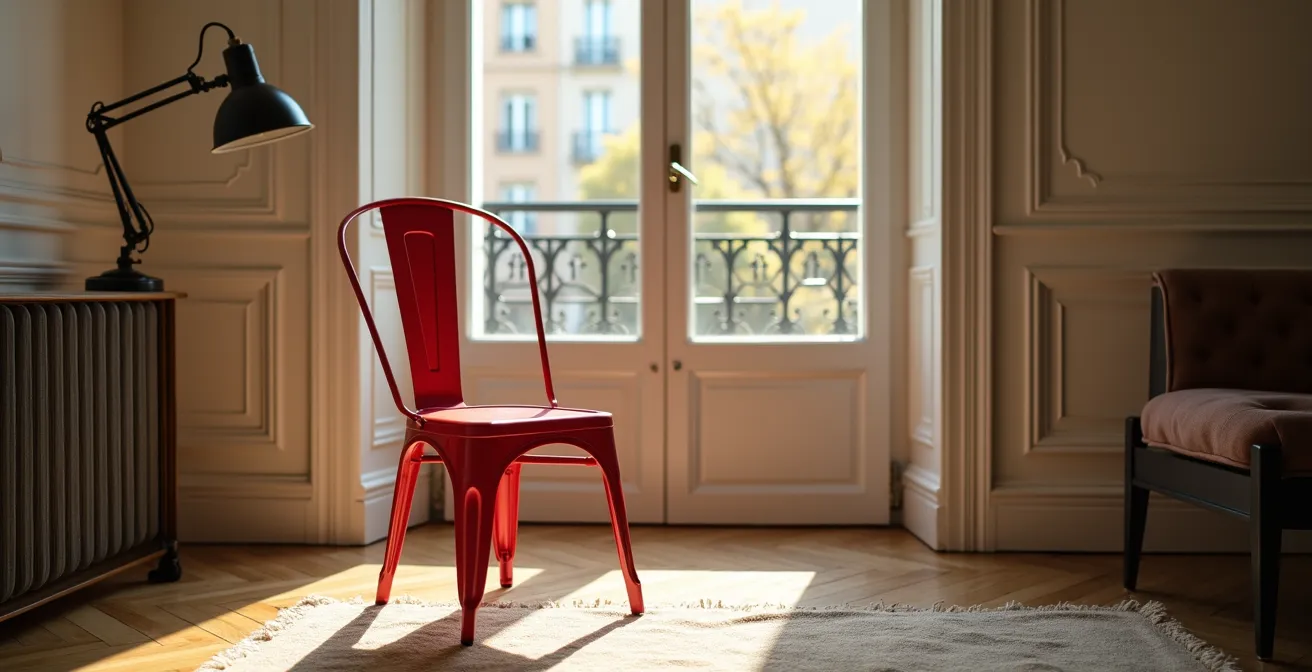 Chaise rouge design français illuminée dans un salon haussmannien avec parquet en point de Hongrie