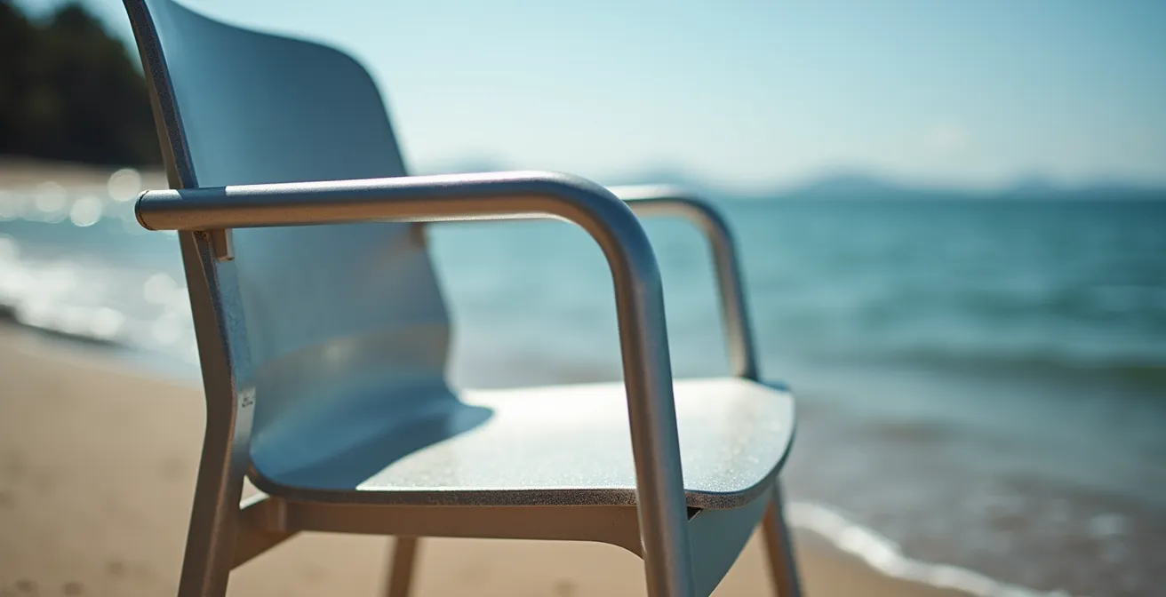 Chaises en aluminium sur une terrasse face à l'océan avec des embruns marins