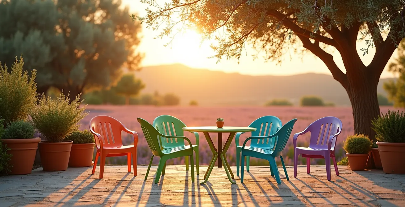 Terrasse de jardin ensoleillée avec ensemble de chaises métalliques aux couleurs vives