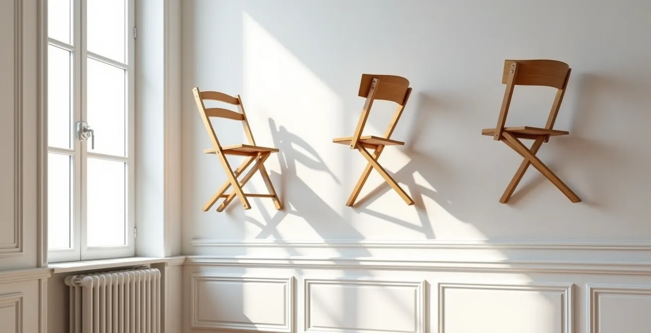 Composition murale artistique de chaises pliantes iconiques dans un intérieur parisien