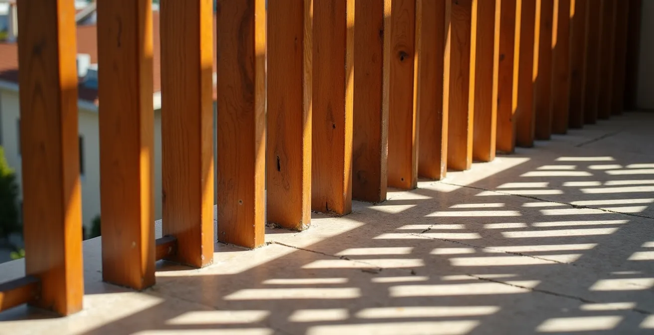 Claustra en bois ajouré sur balcon créant un jeu d'ombres et de lumière naturelle