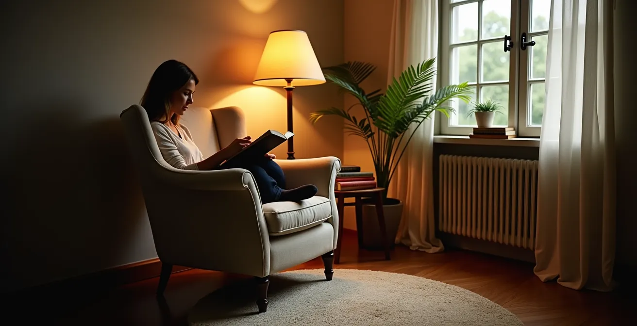 Coin lecture intimiste avec fauteuil bergère près d'une fenêtre et éclairage doux