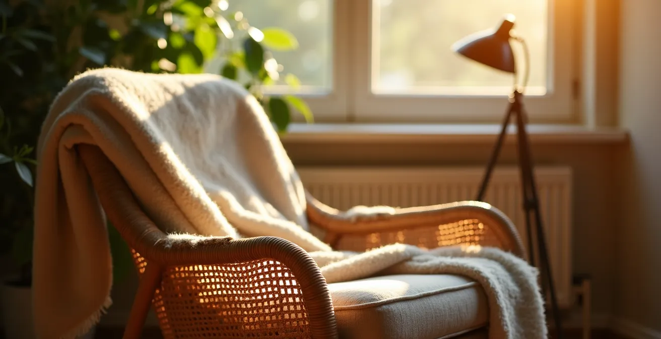 Fauteuil léger en rotin près d'une fenêtre avec lumière dorée de fin d'après-midi