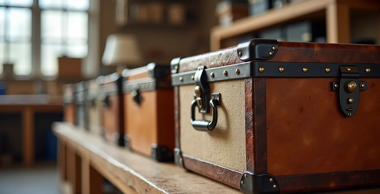 Gros plan sur différents matériaux de coffres de rangement montrant les textures et la qualité