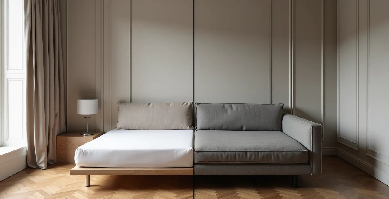 Vue comparative d'un lit mural replié et d'un canapé-lit dans un studio parisien