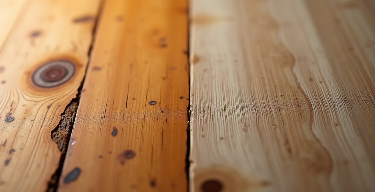 Comparaison visuelle entre la texture réparable du bois massif et la surface dure du stratifié pour des meubles d'enfants.