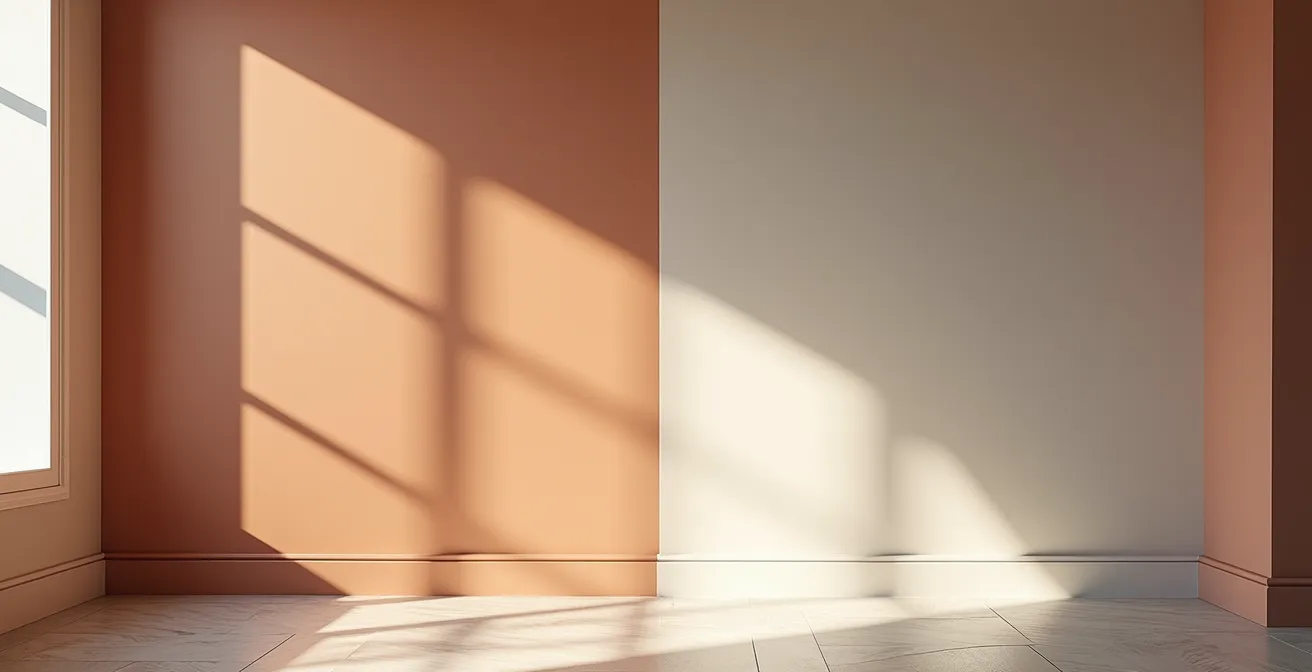 Comparaison visuelle entre réflexion spéculaire et diffuse sur un mur peint dans un petit espace