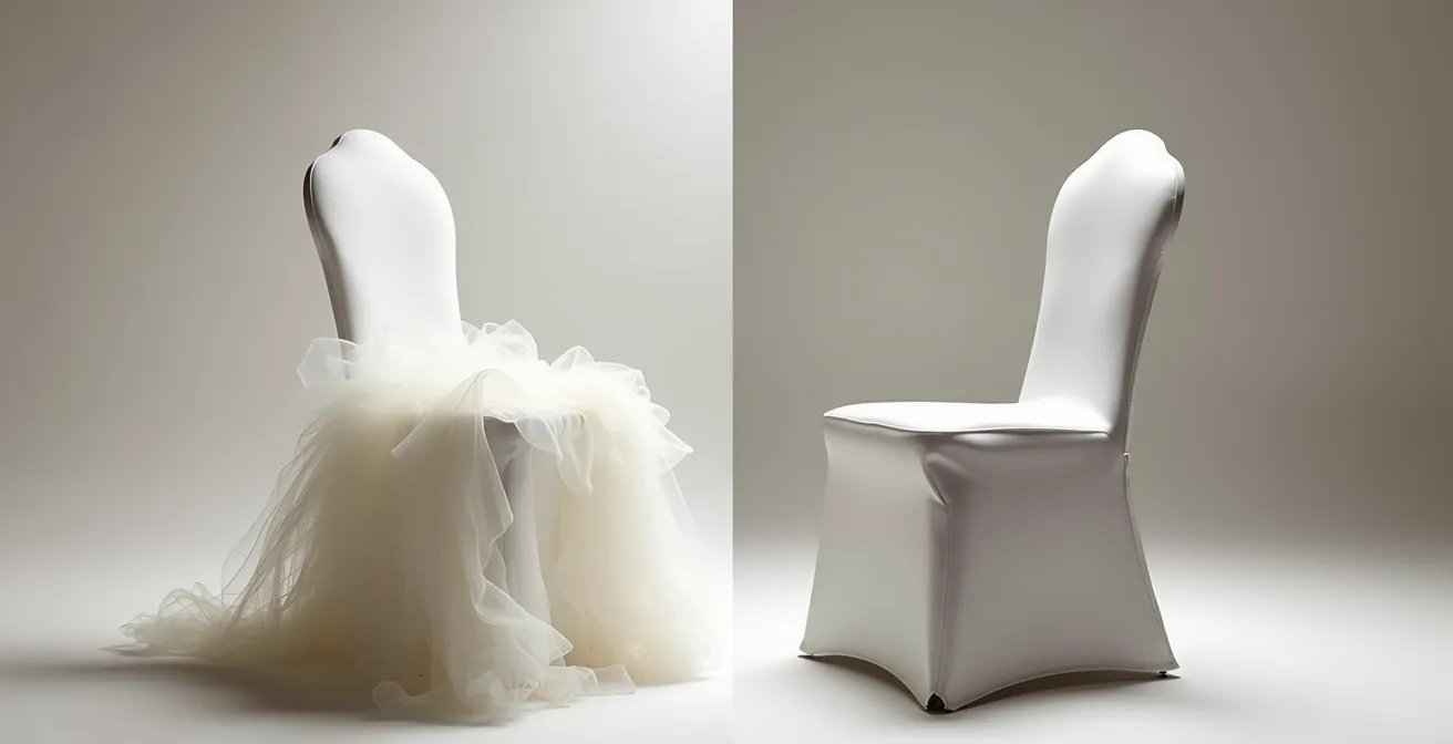 Comparaison visuelle entre une chaise avec effet juponné romantique et une avec housse lycra moderne