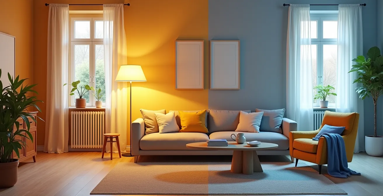 Comparaison visuelle des températures de couleur dans un intérieur montrant un salon sous une lumière chaude, neutre et froide.