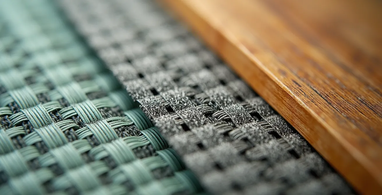 Détail macro de trois matériaux de chaises différents : tressage plastique, métal thermolaqué et bois traité