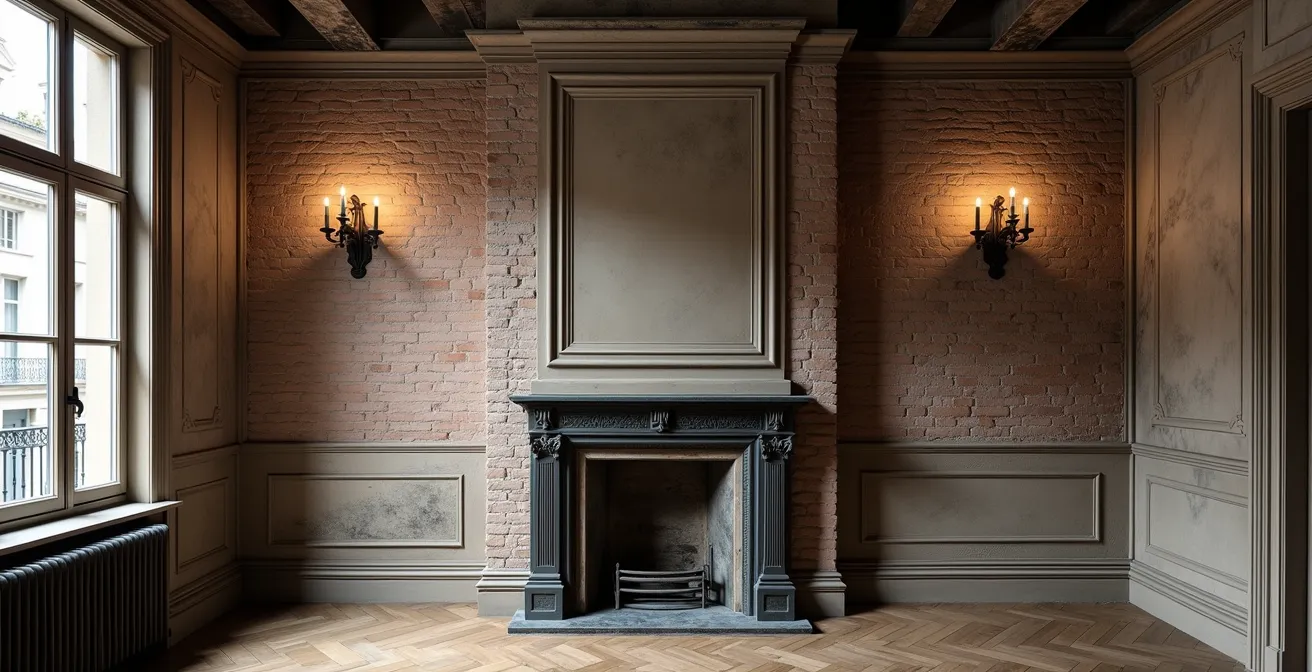 Intérieur d'appartement montrant la juxtaposition entre éléments industriels et architecture haussmannienne classique