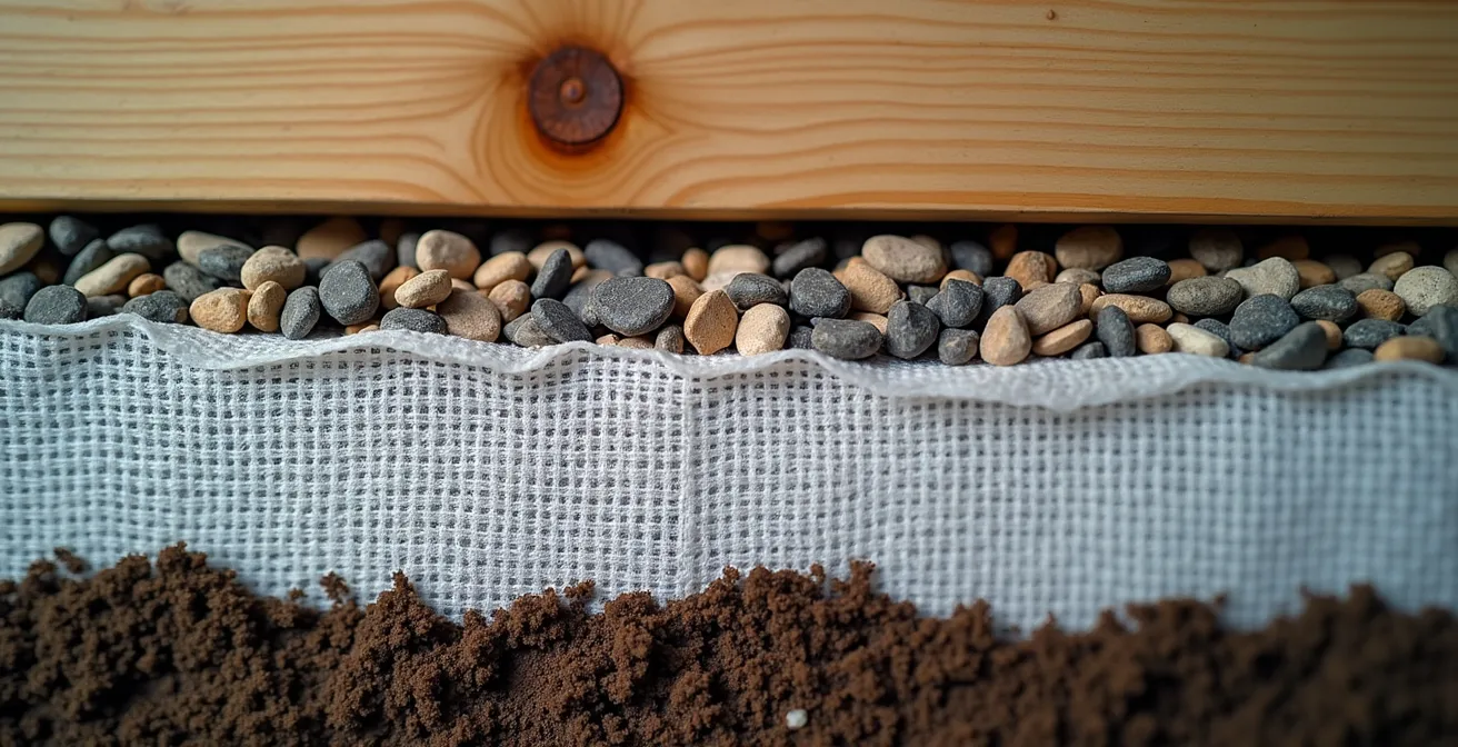 Vue en coupe technique montrant les couches de sol sous une terrasse sur plots avec géotextile