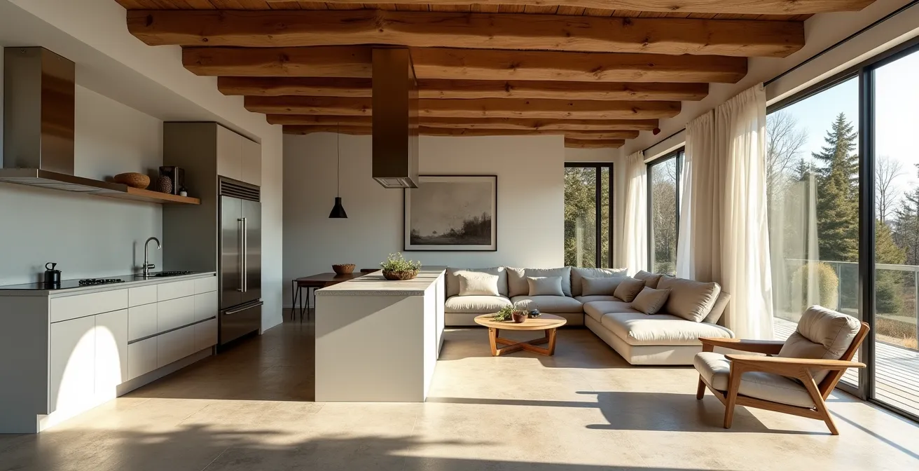 Espace ouvert montrant une transition fluide entre cuisine moderne et salon rustique