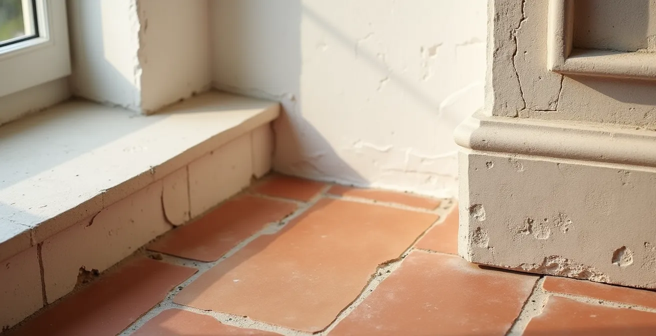 Intérieur blanc réchauffé par des matériaux naturels français comme le lin et la pierre, avec un éclairage chaleureux