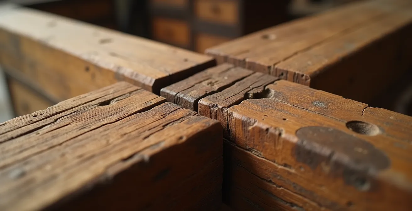 Détails d'assemblage traditionnel en queue d'aronde sur meuble ancien français