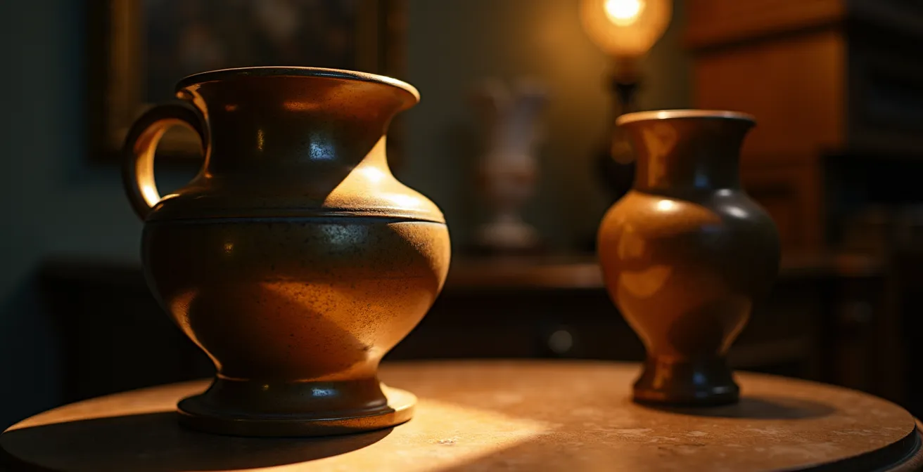 Mise en valeur d'objets décoratifs par éclairage directionnel dans un intérieur français.