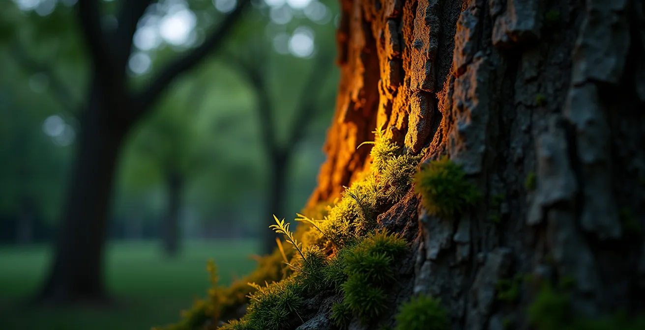 Mise en valeur d'un chêne par éclairage solaire avec différents angles de faisceau