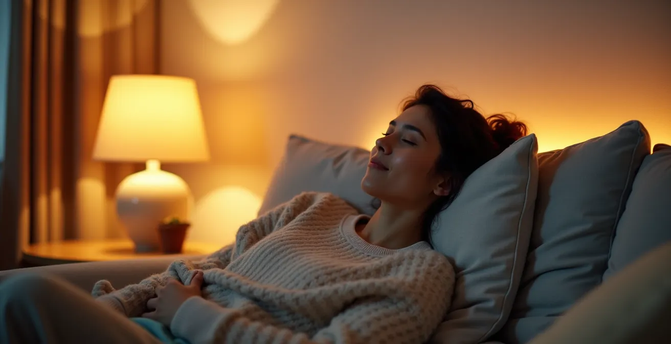 Éclairage d'ambiance doux et indirect dans un salon aux tons neutres