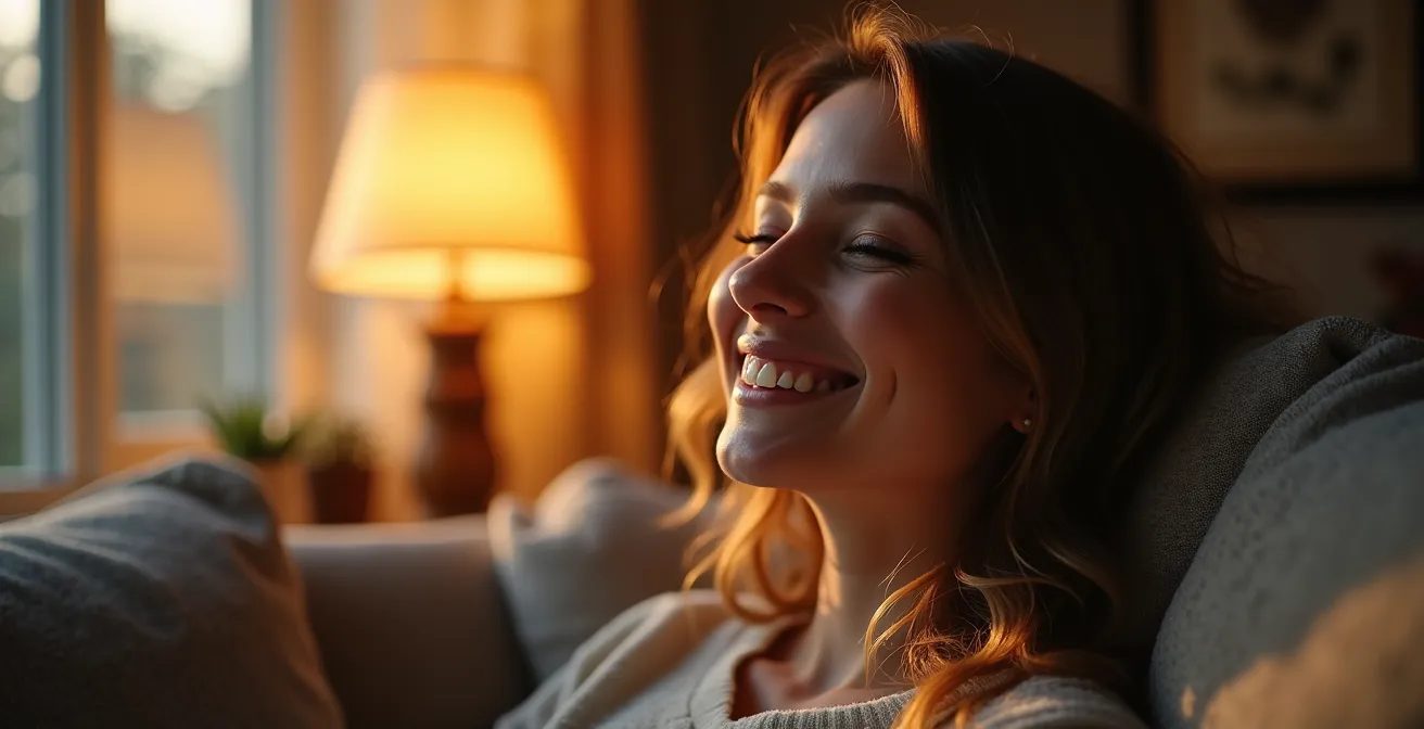 Salon avec système d'éclairage modulable montrant l'ambiance jour et soir