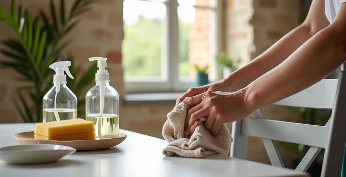 Nettoyage d'une chaise en aluminium avec des produits naturels français et un chiffon doux