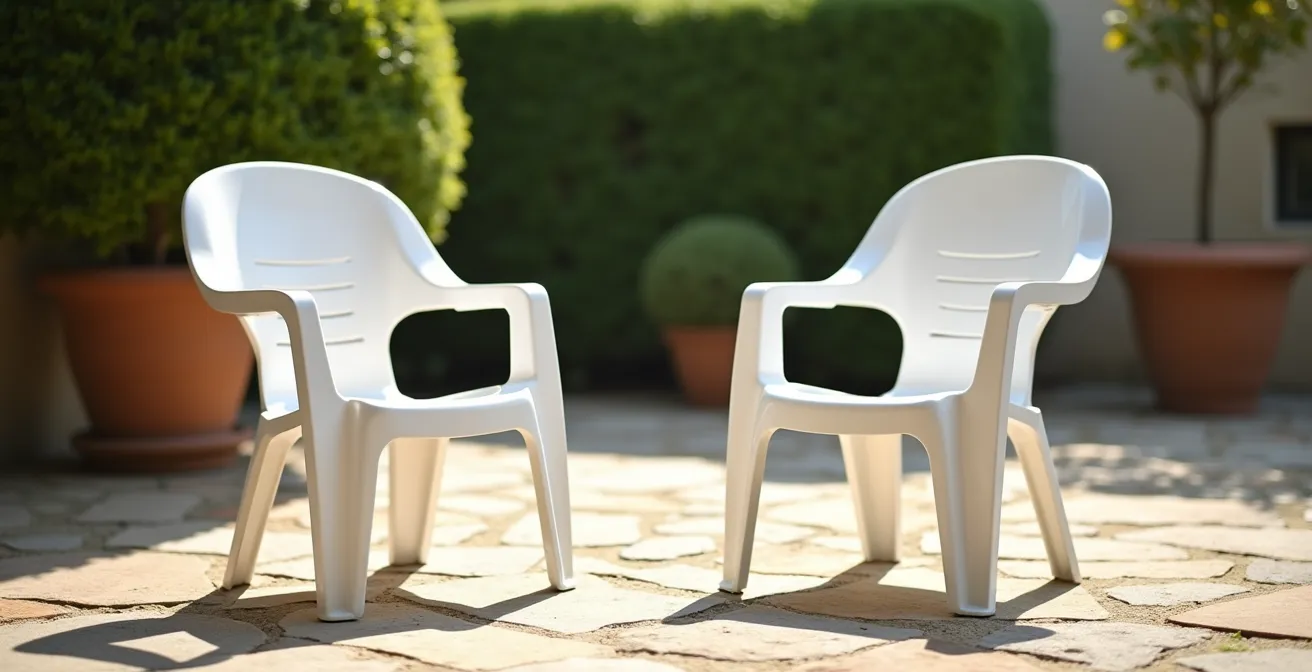 Scène minimaliste montrant une chaise plastique blanche impeccable sur fond de jardin français