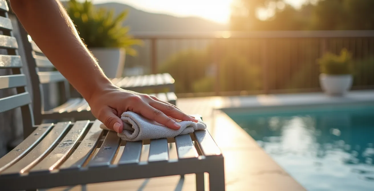 Mains appliquant délicatement un chiffon doux sur une chaise aluminium sur balcon