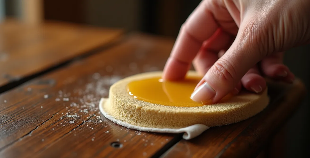 Application de cire d'abeille sur un meuble ancien avec technique traditionnelle