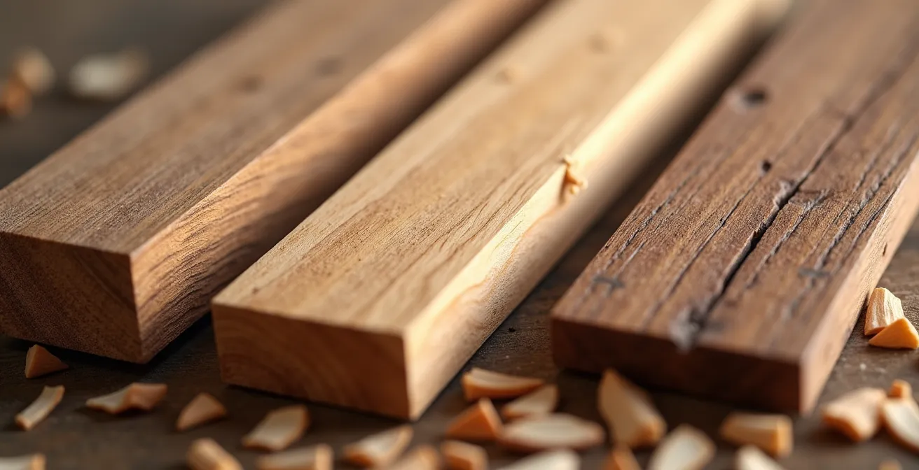 Gros plan sur trois essences de bois différentes pour chaises pliantes