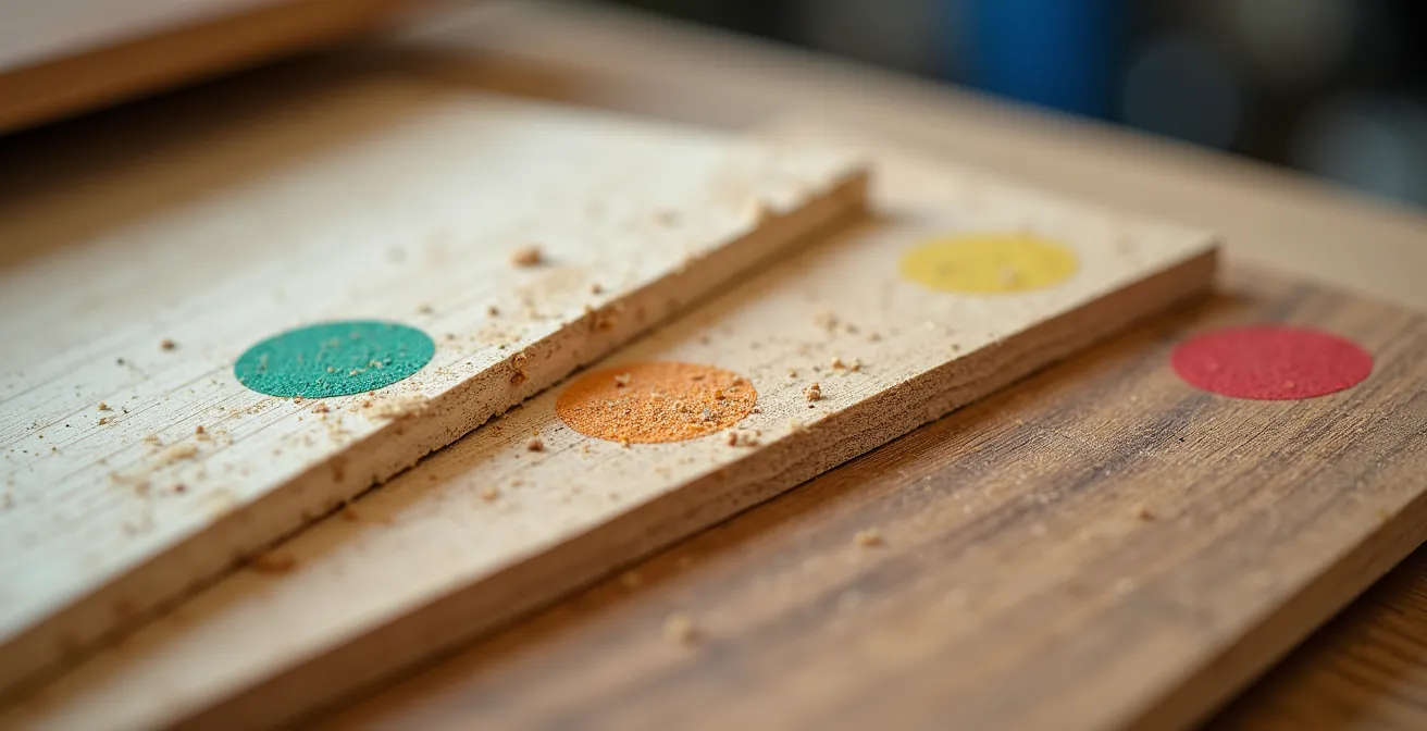 Gros plan sur des étiquettes d'émissions COV collées sur différents échantillons de bois aggloméré et massif