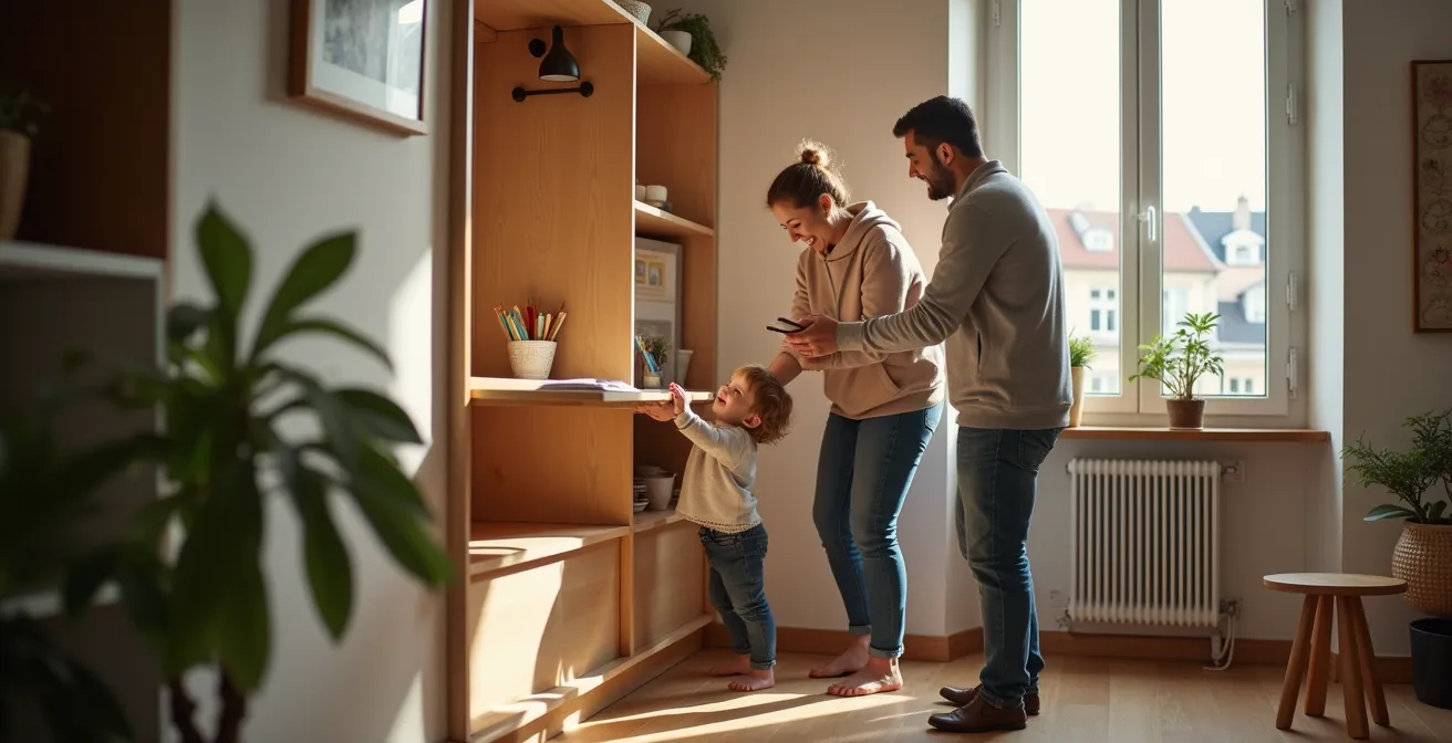 Famille française organisant un petit appartement avec mobilier modulable