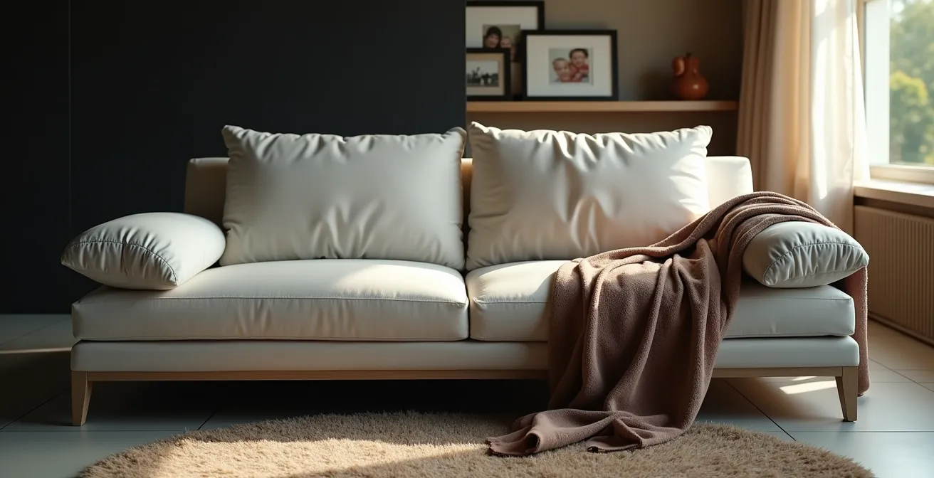 Comparaison visuelle d'un canapé design italien neuf et après 6 mois d'utilisation quotidienne