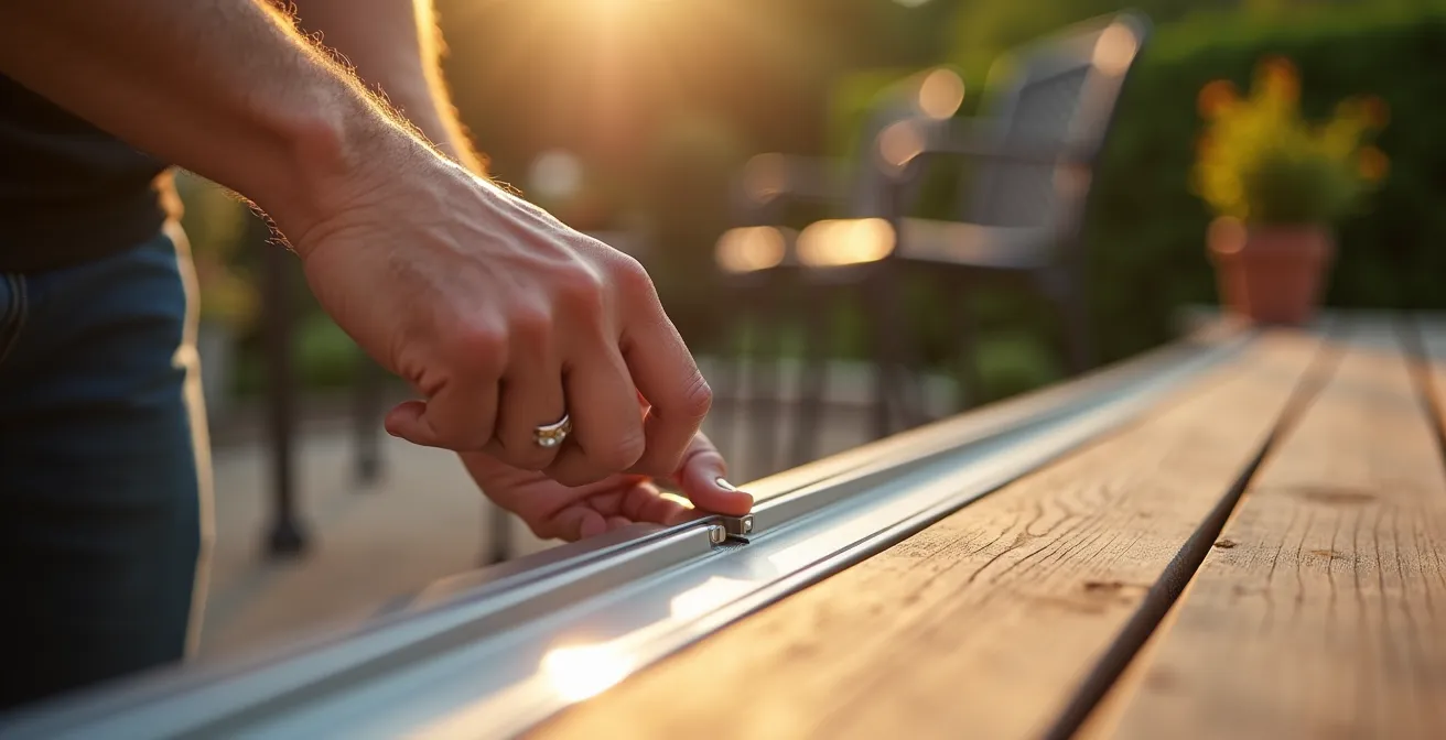 Détail de finition périphérique d'une terrasse avec profilé aluminium et éclairage LED intégré