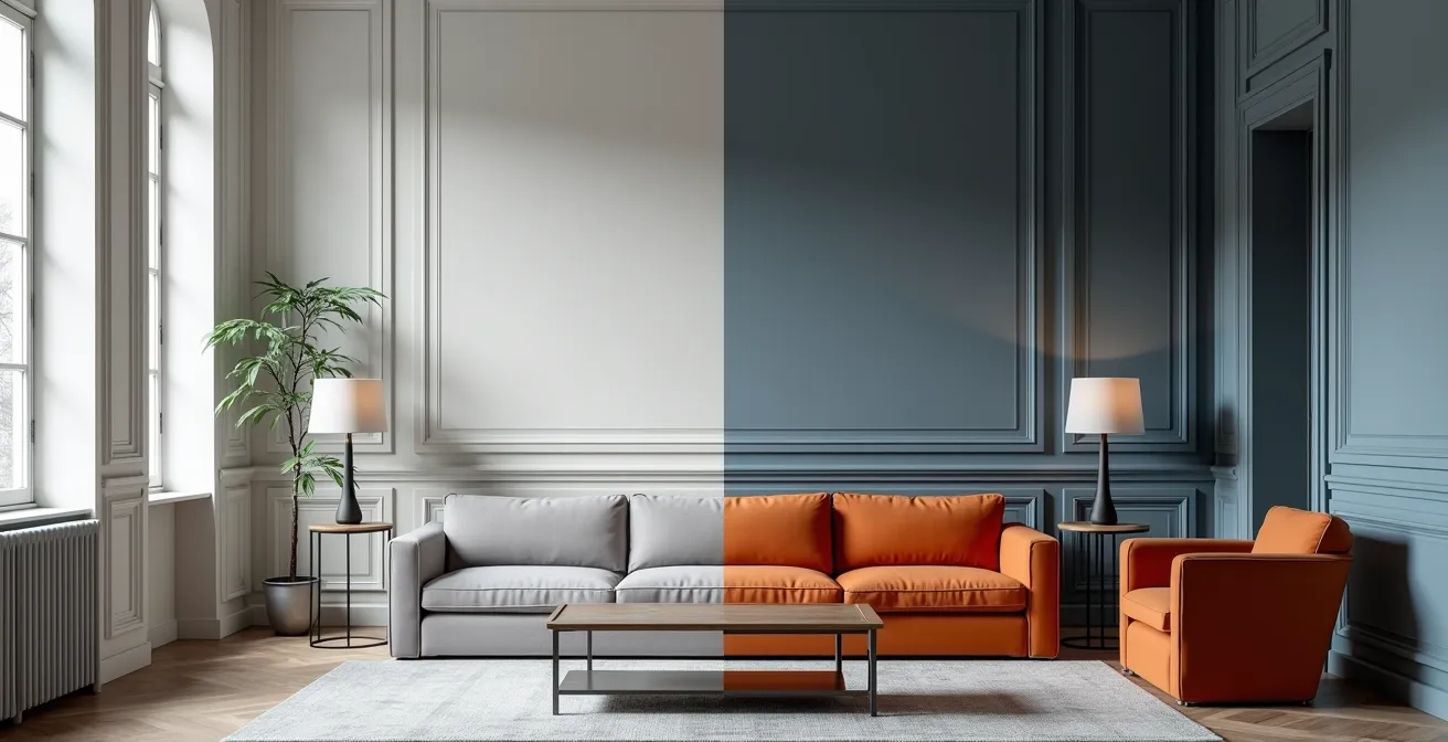 Comparaison visuelle entre une pièce en camaïeu de blancs et une pièce avec couleurs complémentaires