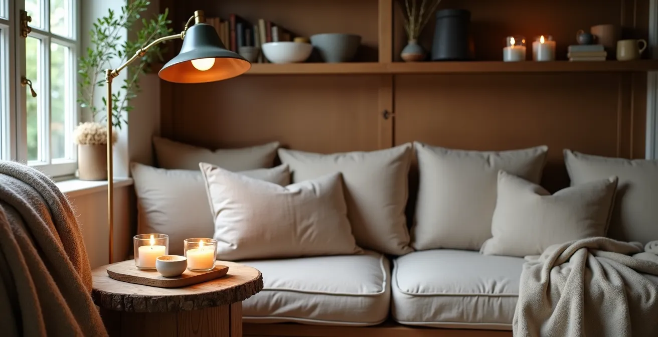 Coin salon hygge avec banquette conviviale, coussins en lin et éclairage multicouche chaleureux