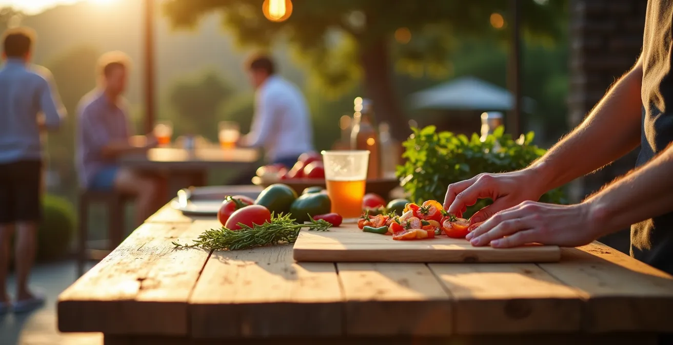 Îlot de cuisine d'été avec bar et espace de cuisson central