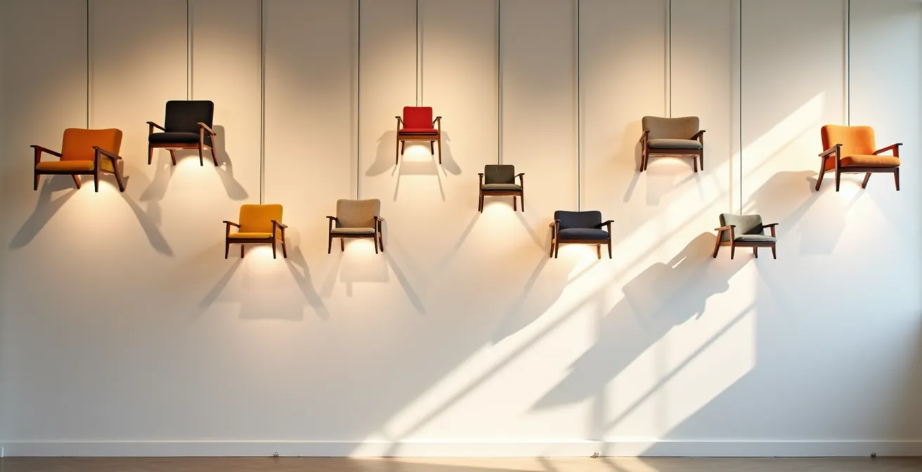 Composition artistique de chaises suspendues au mur avec éclairage LED créant des ombres dramatiques