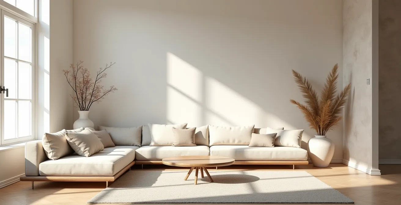Salon minimaliste avec palette naturelle et lumière douce créant une atmosphère apaisante