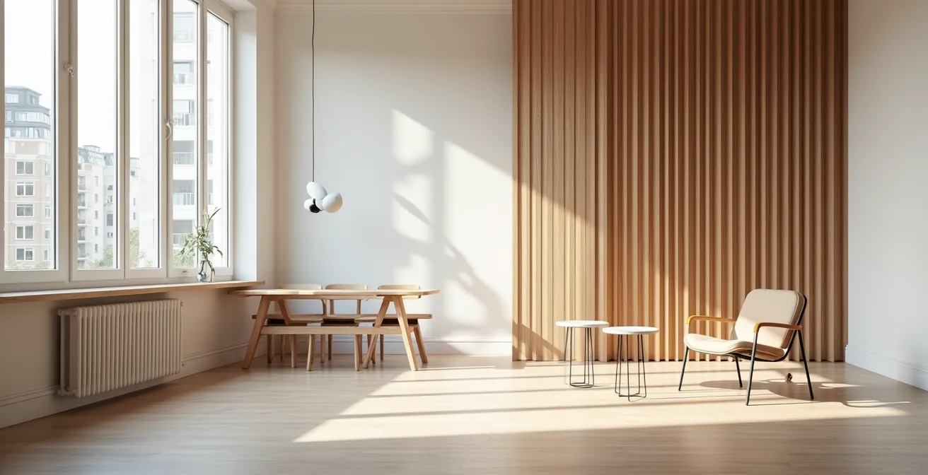 Salon contemporain avec claustra en bois et mobilier épuré mêlant bois et métal noir