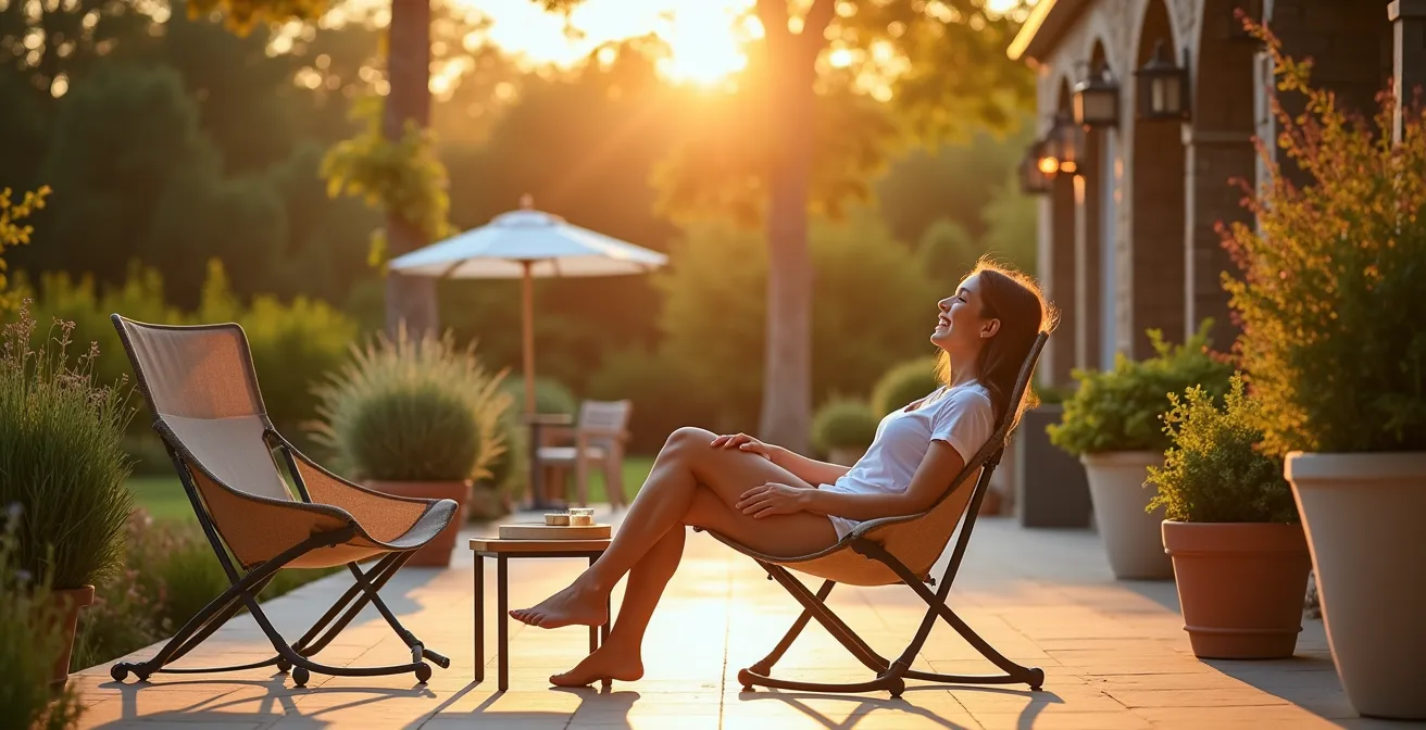 Terrasse avec mobilier léger suivant la course du soleil à trois moments de la journée