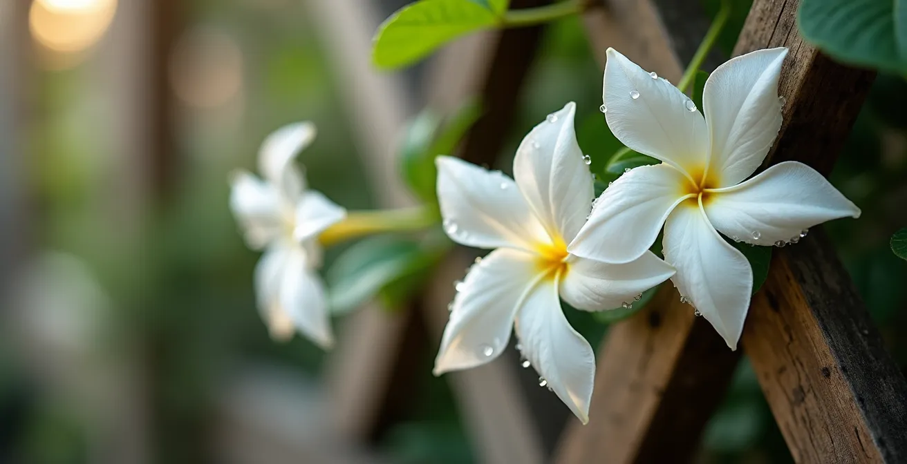 Jasmin étoilé grimpant sur un treillage de terrasse exposée au vent